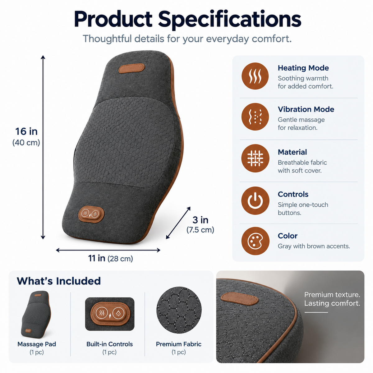 Comfortley dark gray heated lower back massager pillow shown with ergonomic support and control panel