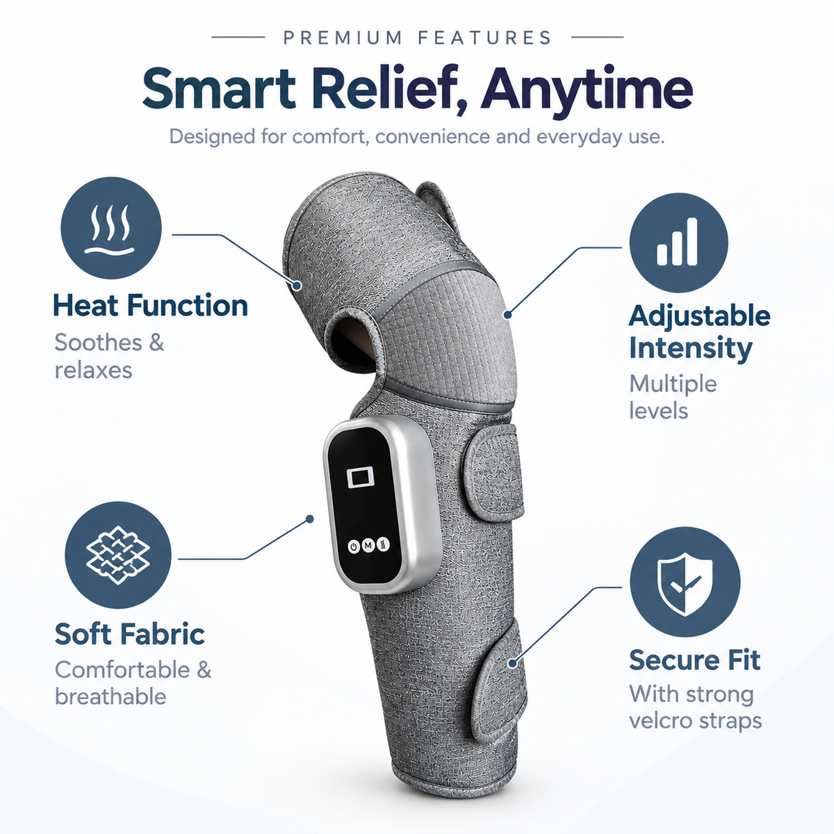 Comfortley dark gray knee massager shown with heat function, adjustable intensity, soft fabric, and secure fit