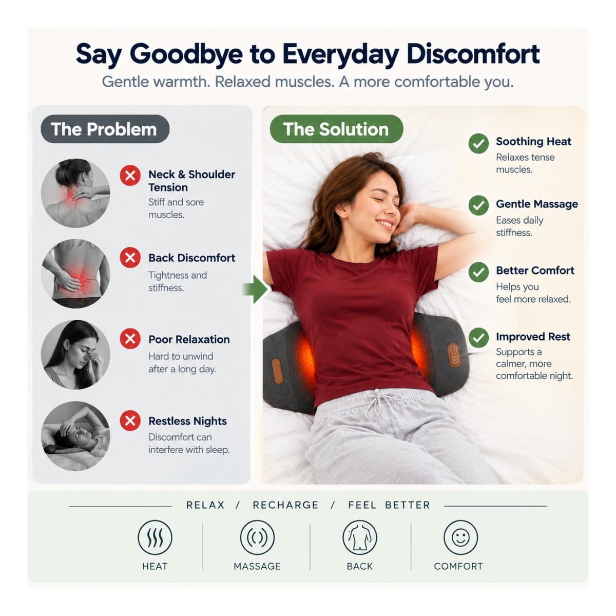 Comfortley dark gray lower back massager pillow shown in a product detail and home-use graphic