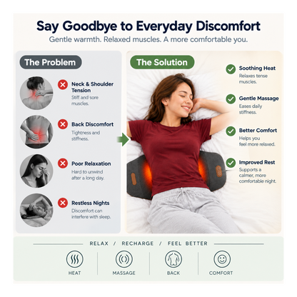 Comfortley dark gray lower back massager pillow shown in a product detail and home-use graphic