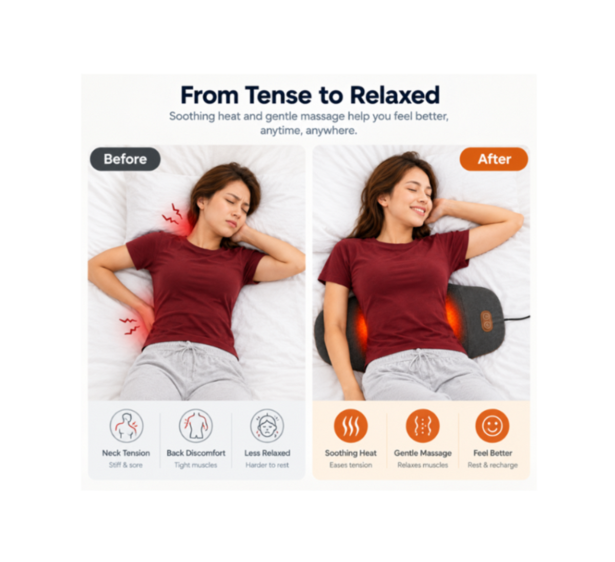 Comfortley dark gray lower back massager pillow shown with heat, vibration, and memory foam support features