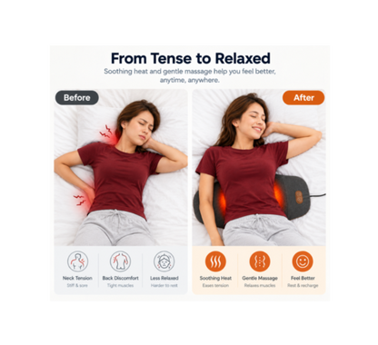 Comfortley dark gray lower back massager pillow shown with heat, vibration, and memory foam support features