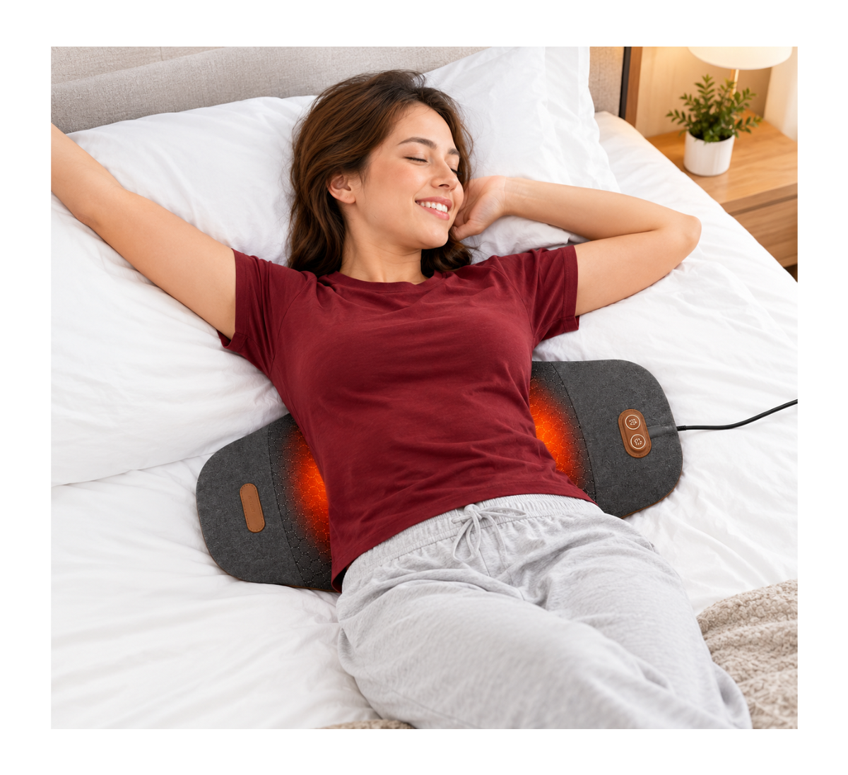 Comfortley dark gray lower back massager pillow shown with warming function, vibration controls, and supportive design