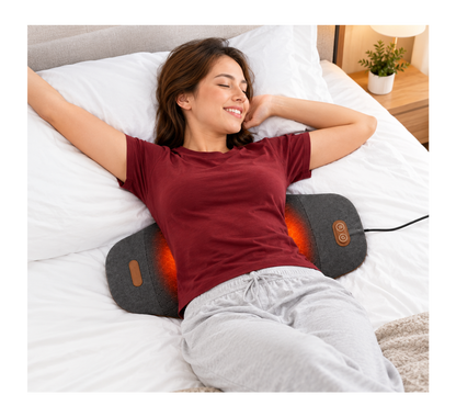 Comfortley dark gray lower back massager pillow shown with warming function, vibration controls, and supportive design