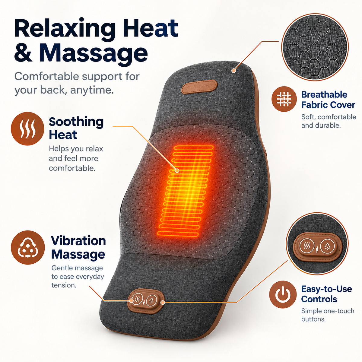 Comfortley dark gray lower back massager pillow with heat and vibration shown in a product feature graphic