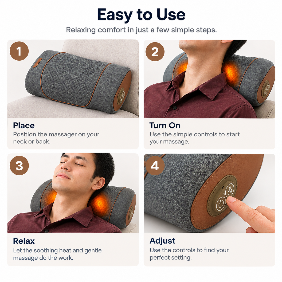 Comfortley dark gray neck massager pillow shown with vibration, air compression, and warming functions