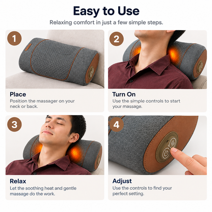 Comfortley dark gray neck massager pillow shown with vibration, air compression, and warming functions