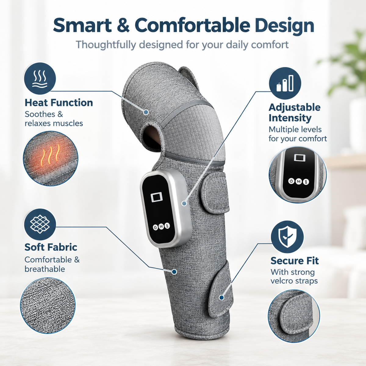 Comfortley dark gray wearable knee massager shown with heat, adjustable intensity, and secure fabric straps