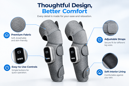 Comfortley dark gray wearable knee massager shown with heat and adjustable intensity controls