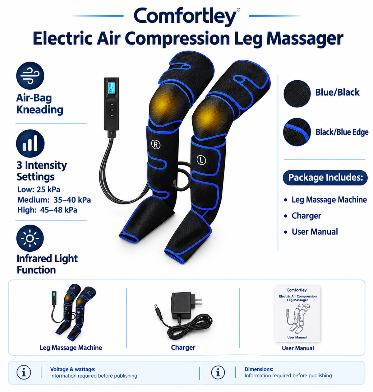 Comfortley electric air compression leg massager shown on a light gray infographic background with product features, color options, included accessories, and dimensions. The main product is a pair of black and blue inflatable leg massagers with a black control wand and hose, plus separate accessories shown below.