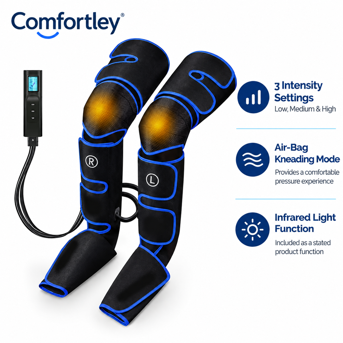 Comfortley electric leg massager shown on both legs with a handheld remote control, set against a white background with feature callouts on the right.