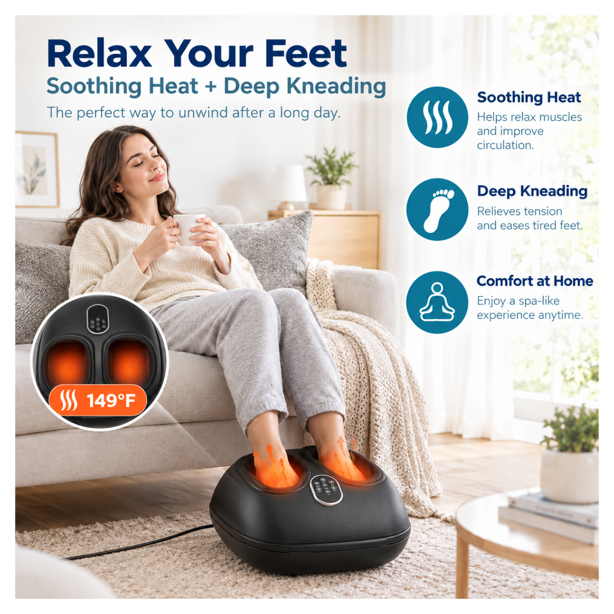 Comfortley heated foot massager shown with deep-kneading rollers, warming function, and home-use design