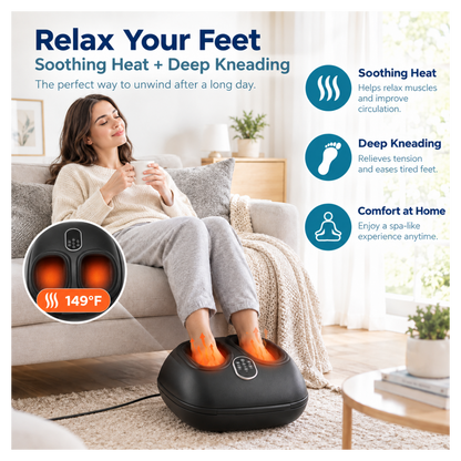 Comfortley heated foot massager shown with deep-kneading rollers, warming function, and home-use design
