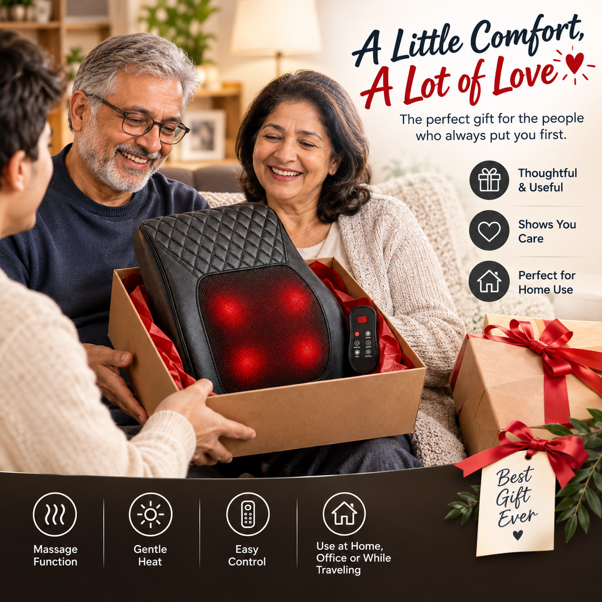 Comfortley heated neck and shoulder massager presented as a gift in a box, with glowing red massage nodes, handheld remote, and gentle heat features