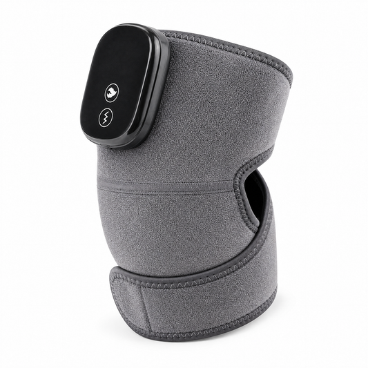 Gray heated knee pad with adjustable wrap and control panel on a white background
