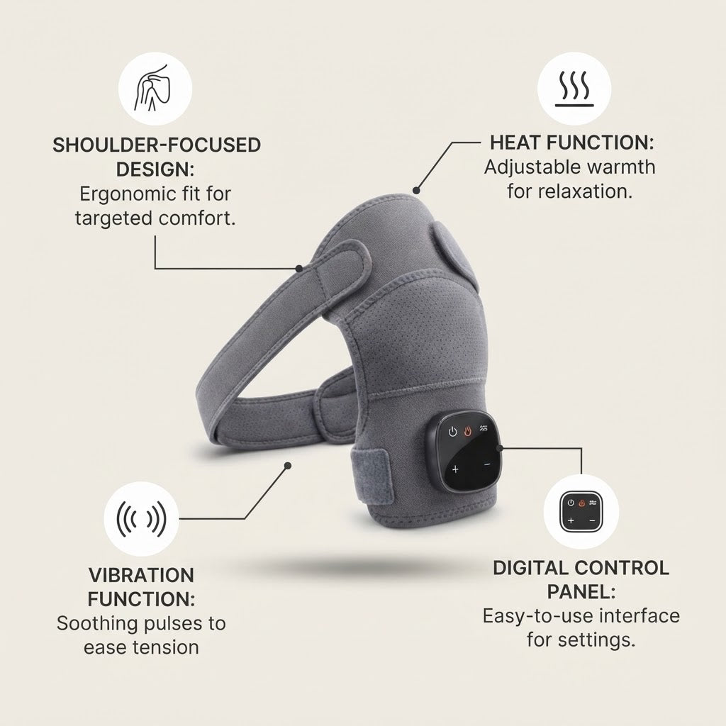 Gray shoulder massage with a digital control panel, shown with callout lines and icons explaining features like shoulder-focused design, heat function, vibration function, and digital control panel on a light beige background.