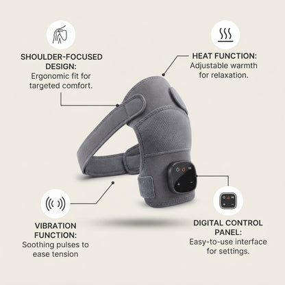 Gray shoulder massage with a digital control panel, shown with callout lines and icons explaining features like shoulder-focused design, heat function, vibration function, and digital control panel on a light beige background.