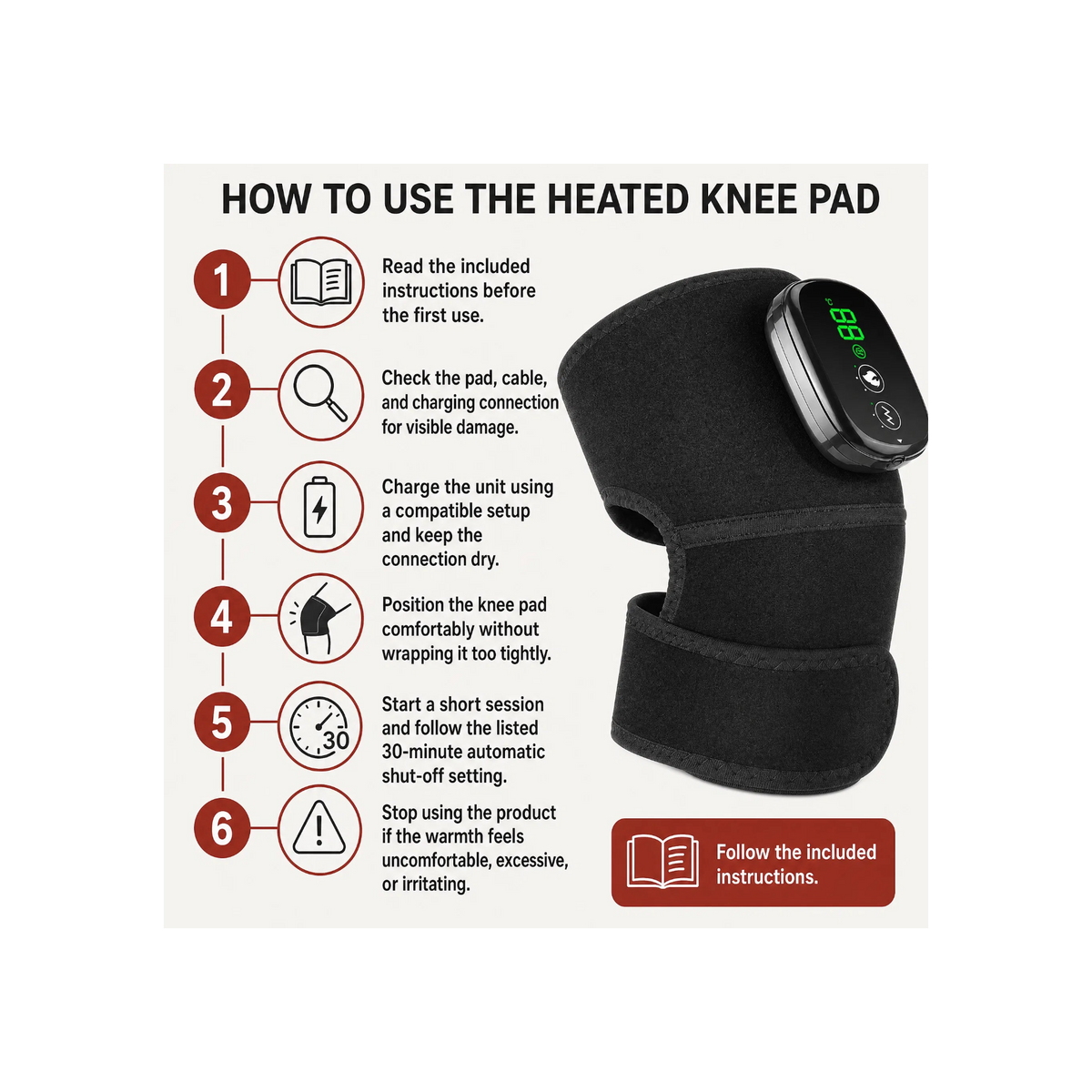 Heated knee pad shown on a leg with an instructional graphic overlay detailing how to use the product, including steps, icons, and a warning label.