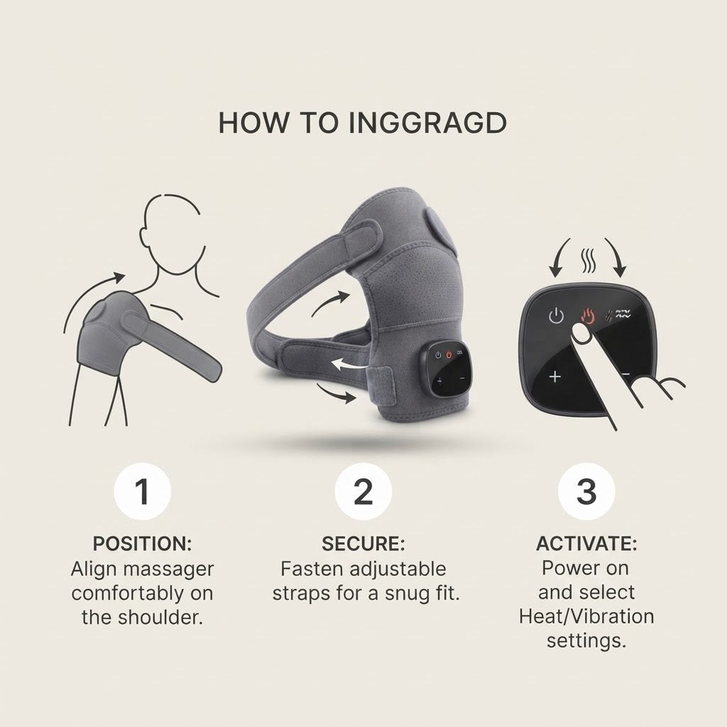 Instruction graphic showing how to use a gray shoulder massage device, with three numbered steps: position on the shoulder, secure with adjustable straps, and activate with a touch screen controller.