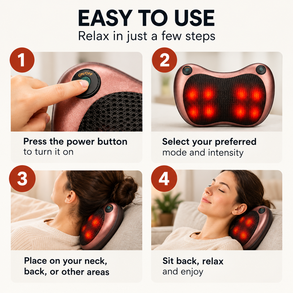 Instructional graphic showing a neck and shoulder massager in four steps: pressing the power button, selecting a mode, placing it on the neck, and using it while sitting down. The product is a rose gold and black handheld device with red LED lights.