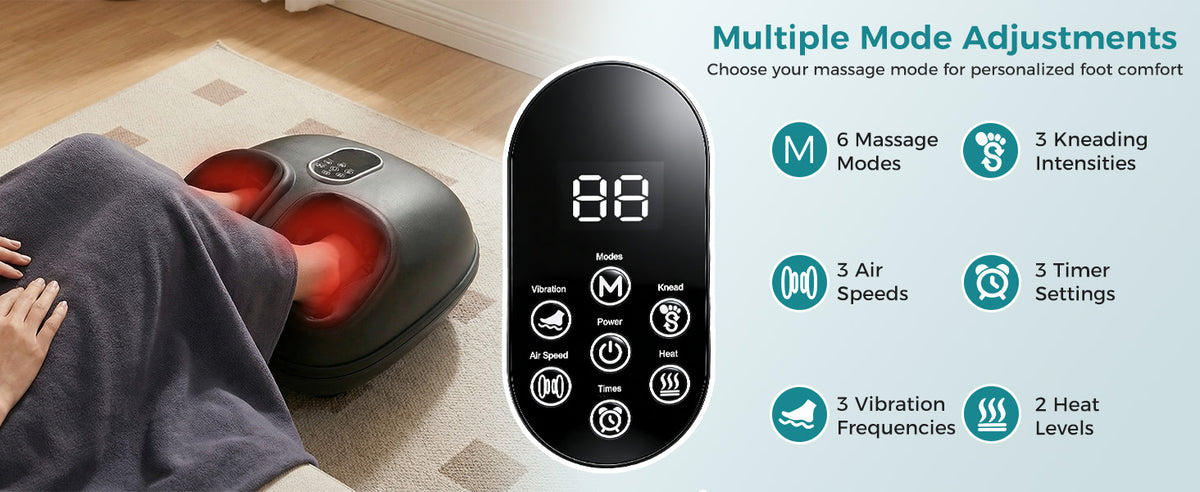 Massage foot massager shown with a person's legs in use on a carpeted floor, alongside a close-up of the device's touch control panel and feature callouts for multiple mode adjustments.