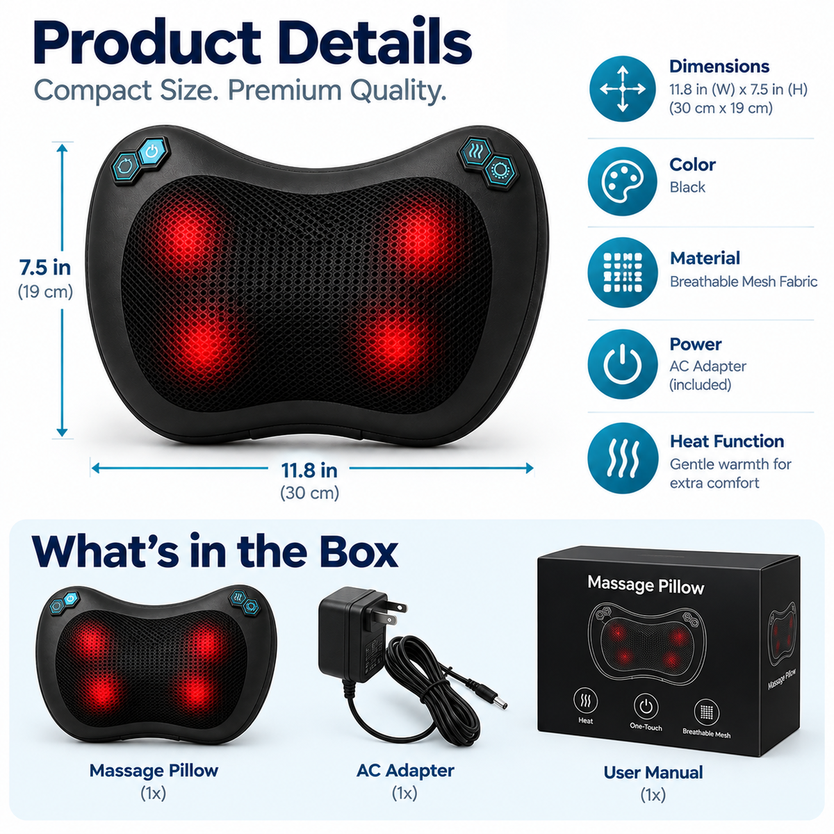 Product details graphic for a black massage pillow with glowing red massage nodes, showing dimensions, material, power, and included accessories including a power adapter and user manual.