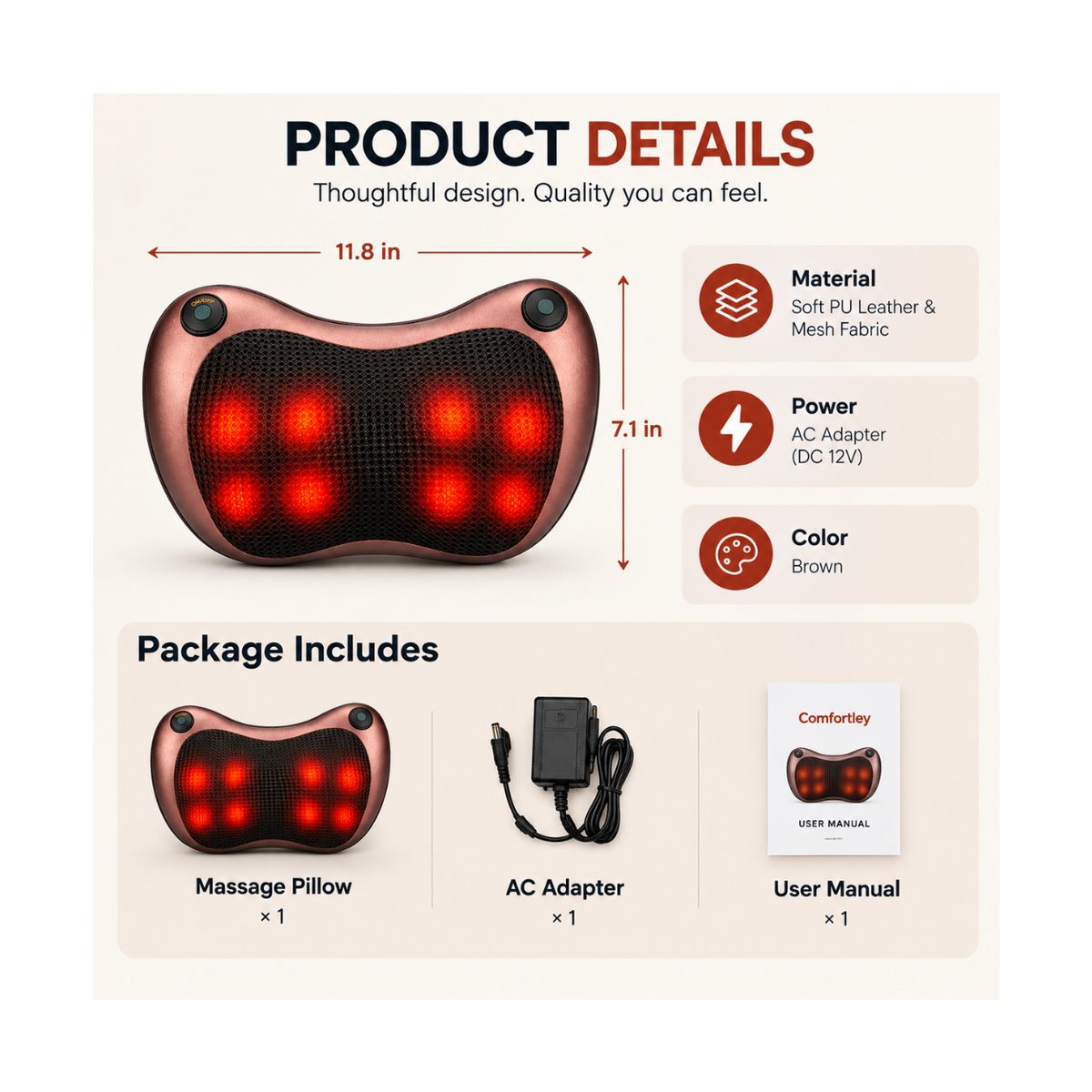 Product details graphic for a brown massage pillow with red LED lights, showing dimensions (11.8 in by 7.