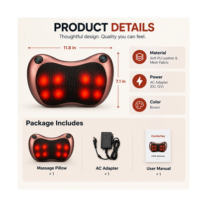 Product details graphic for a brown massage pillow with red LED lights, showing dimensions (11.8 in by 7.