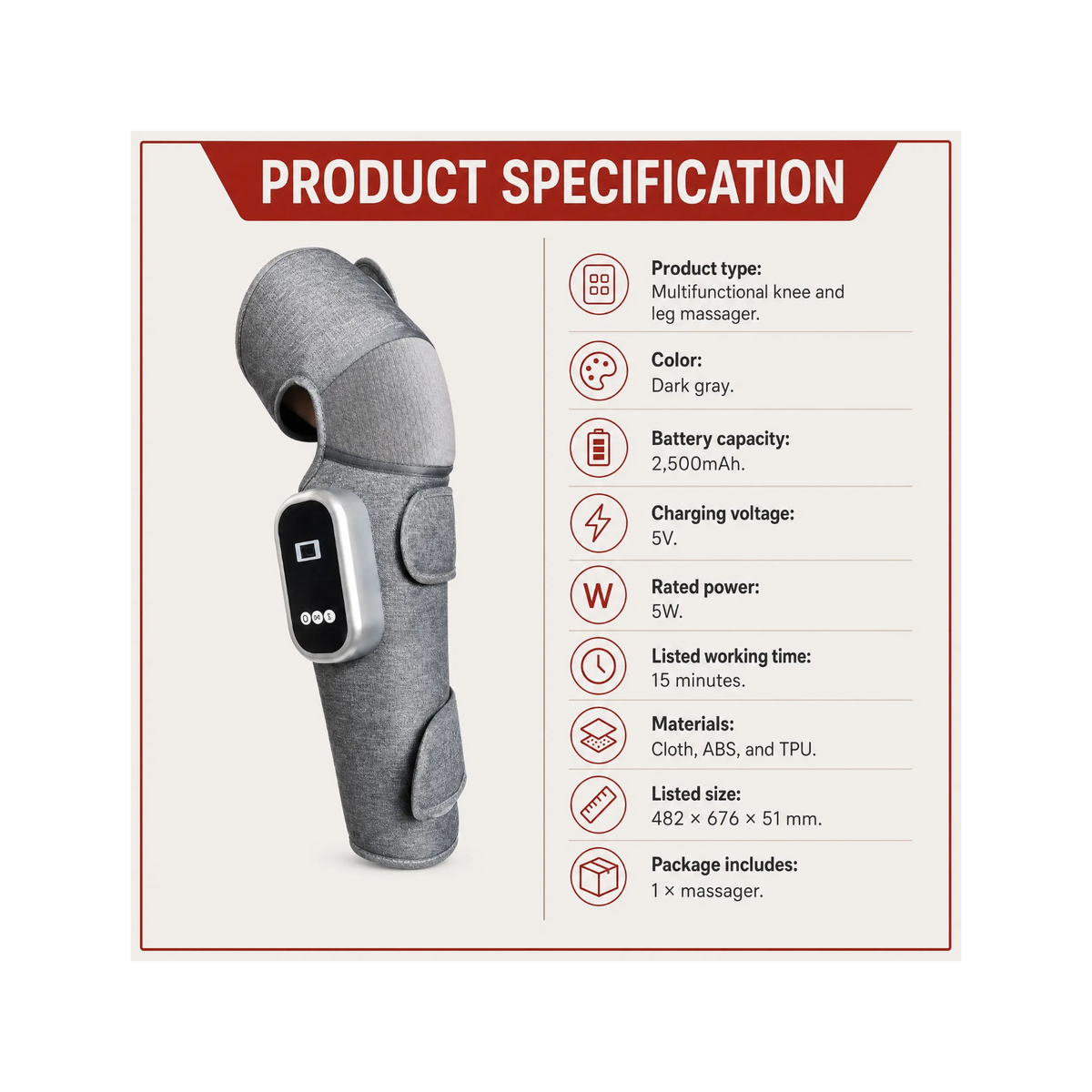 Product specification sheet for a gray multifunctional knee and leg massager, showing a photo of the device on the left and a list of features and dimensions on the right.