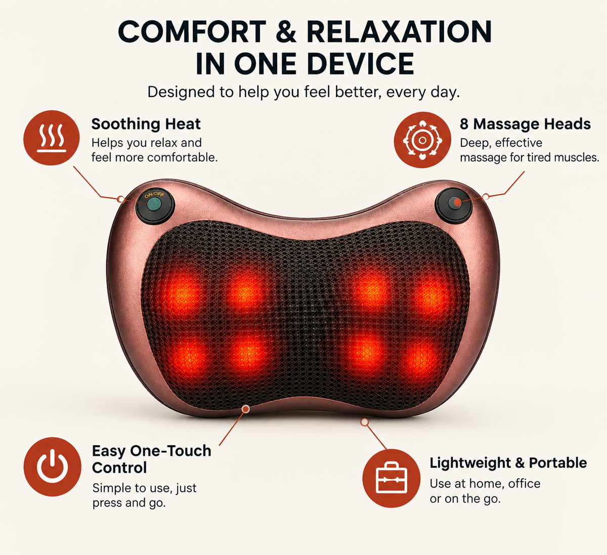 Rose gold neck and shoulder massage pillow with glowing red massage nodes, surrounded by feature callout icons and text on a light beige background.
