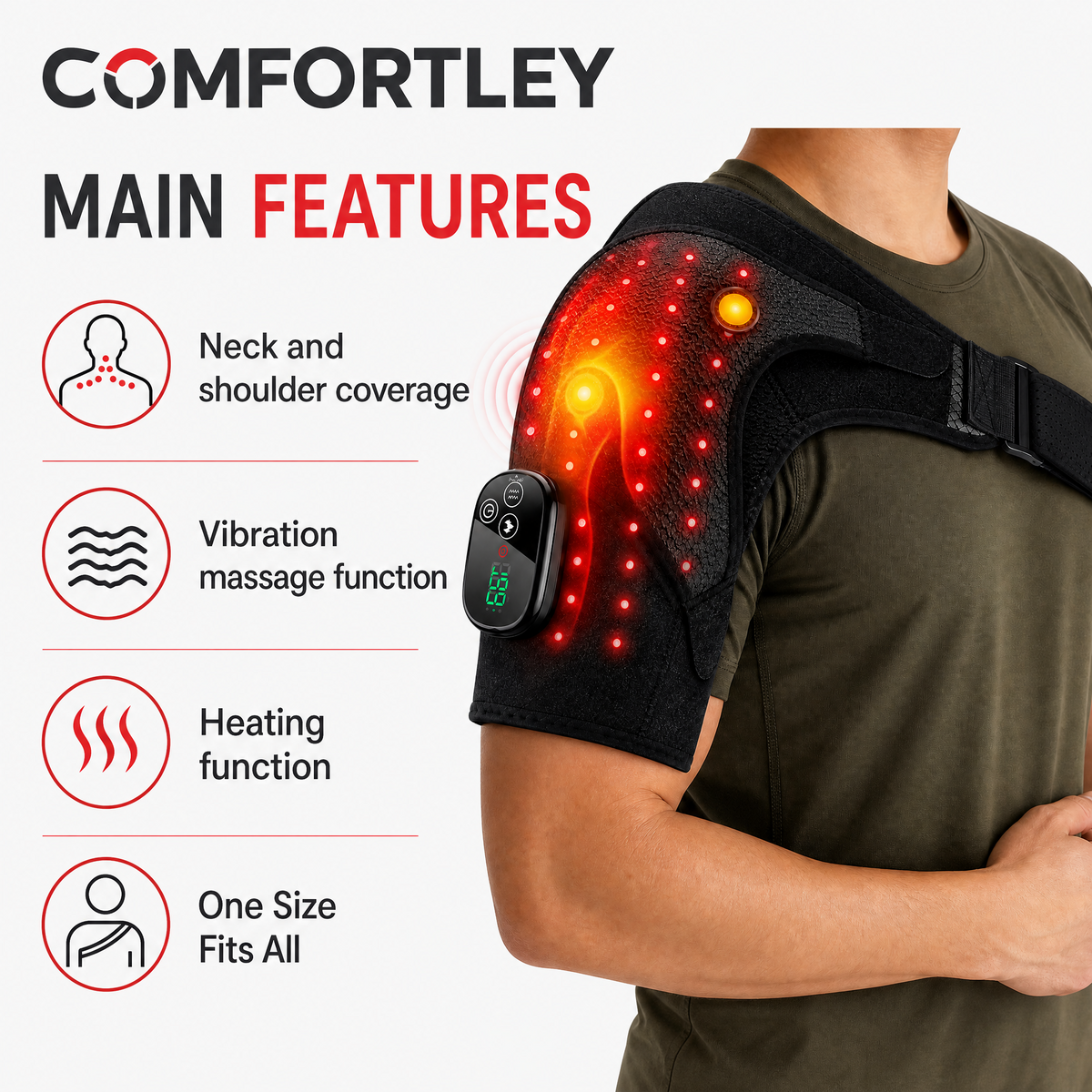 A person wearing a black Comfortley neck and shoulder heating/massage support strap, shown with illuminated red heat and vibration effect graphics and feature callouts on the left side.