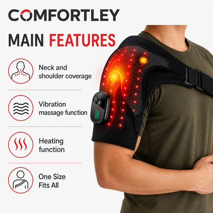 A person wearing a black Comfortley neck and shoulder heating/massage support strap, shown with illuminated red heat and vibration effect graphics and feature callouts on the left side.