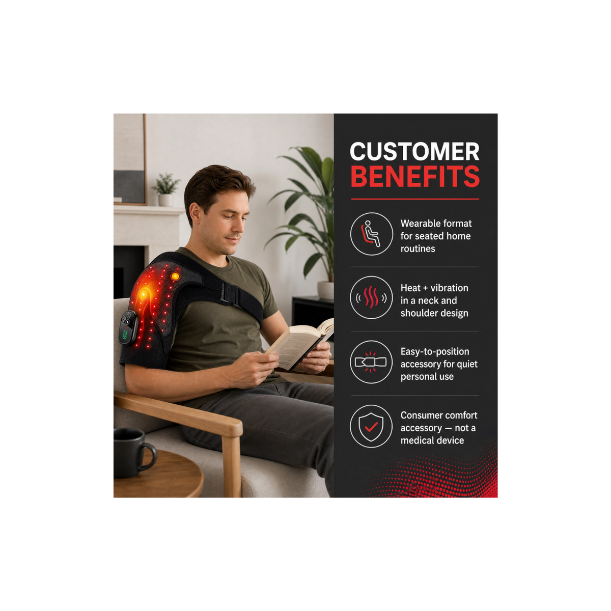 A man sits on a couch reading a book while wearing a red and black shoulder and neck massage device with glowing red heat indicators. The right side of the image features a dark promotional panel with the heading 'CUSTOMER BENEFITS' and four benefit points.