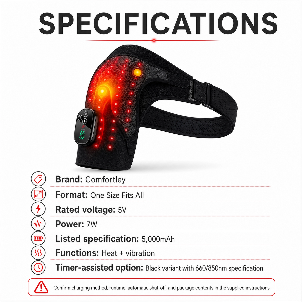 Product specifications graphic for a black Comfortly neck and shoulder massager, showing the device with glowing red heat and vibration indicators, plus a list of features and dimensions on a white background.