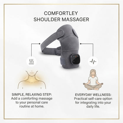 A Comfortley shoulder massager shown on a light gray background with marketing text and simple wellness illustrations. The product is a gray wearable shoulder massager with a small black control panel and red LED indicators.