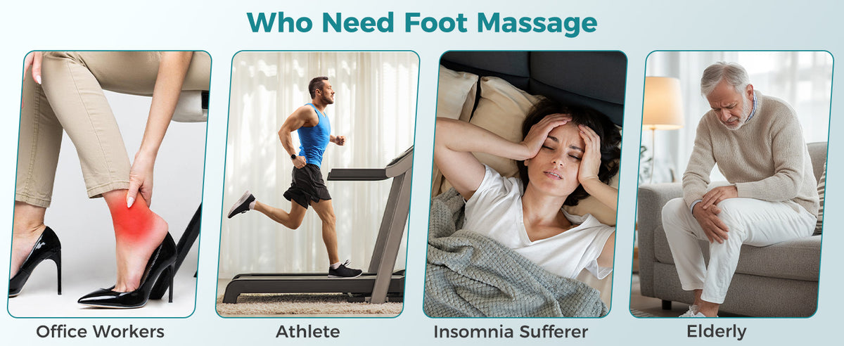 A promotional banner with the heading 'Who Need Foot Massage' and four panels showing people who benefit: office workers, athletes, insomnia sufferers, and the elderly. Each panel includes a close-up of a foot/ankle with red pain highlights and small text labels.