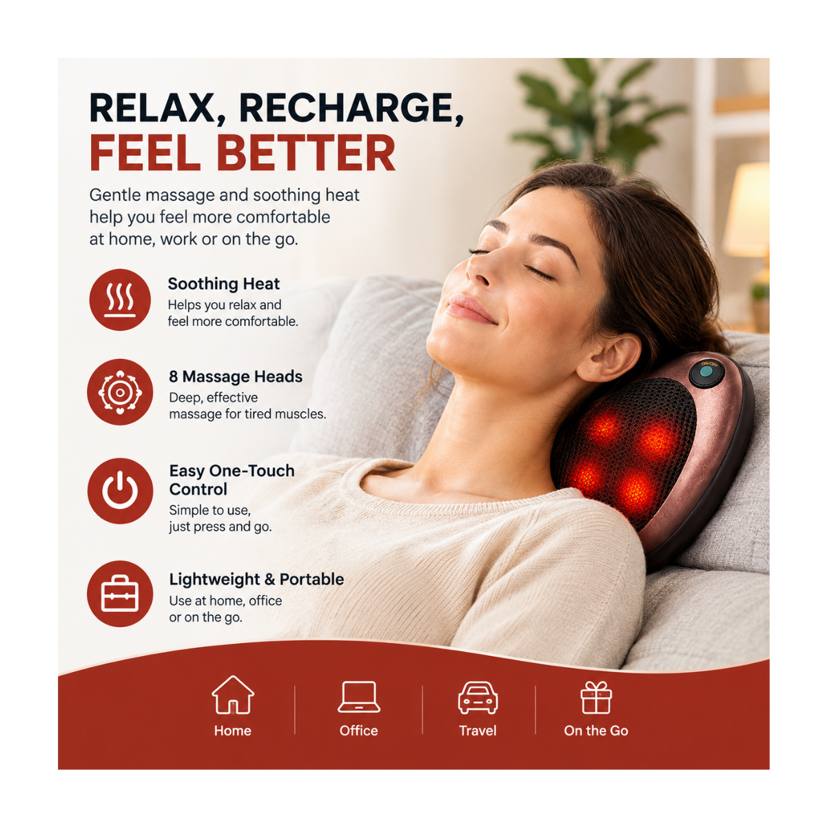 A woman reclines on a sofa using a pink and black neck and shoulder massage device with glowing red heating zones. The image includes marketing text and icons highlighting soothing heat, 8 massage heads, one-touch control, and portability.