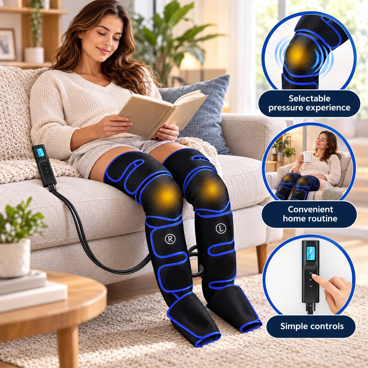 Comfortley air compression leg massager customer benefits graphic