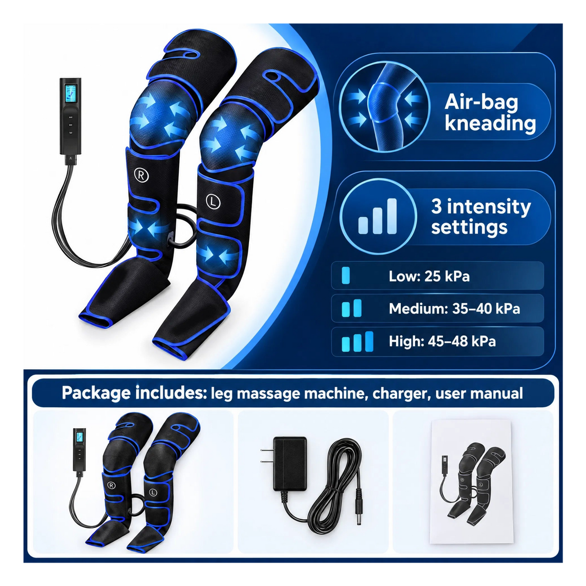 Comfortley air compression leg massager specifications and package contents graphic