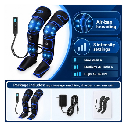 Comfortley air compression leg massager specifications and package contents graphic