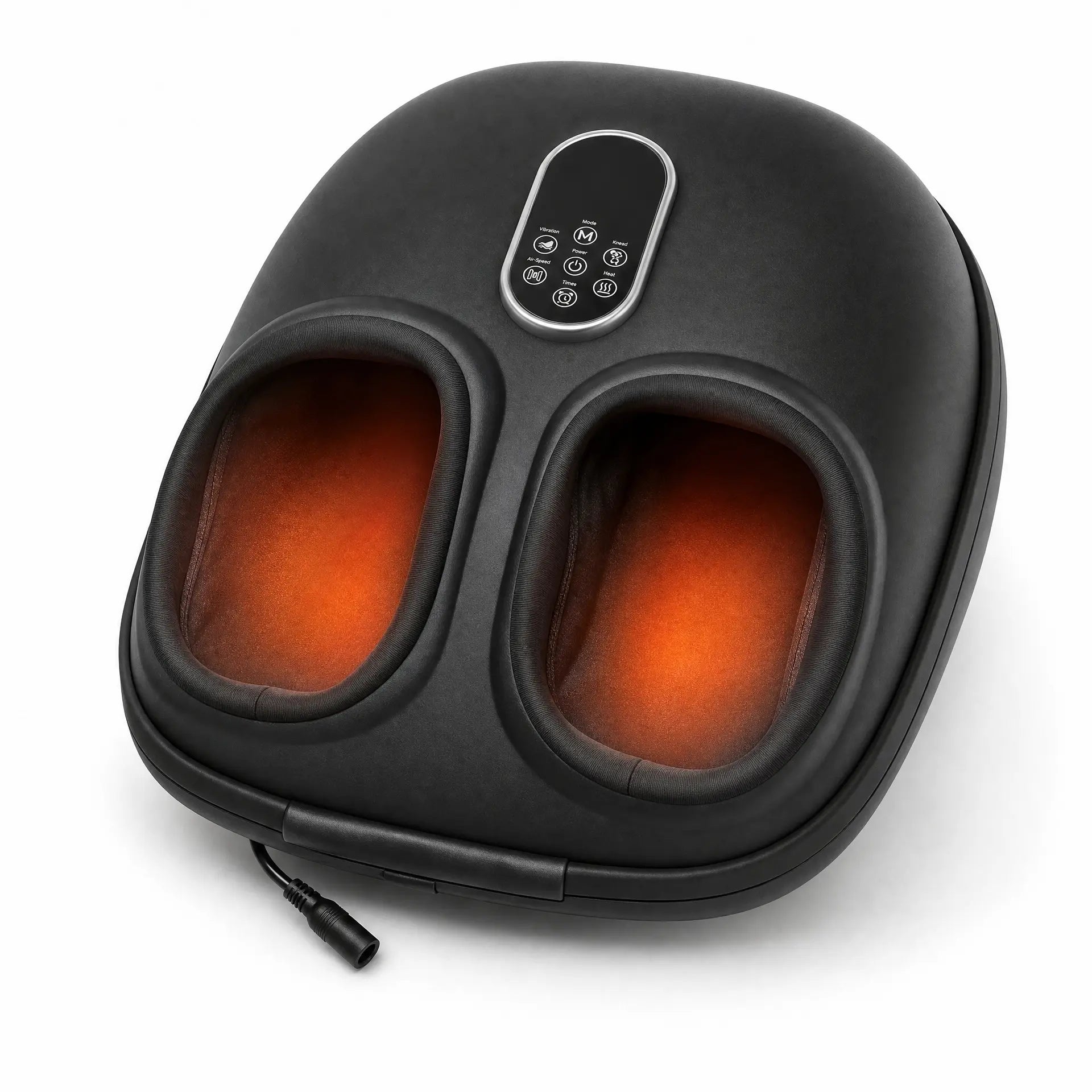 Comfortley Black heated foot massager front three-quarter view with warming foot chambers and control panel