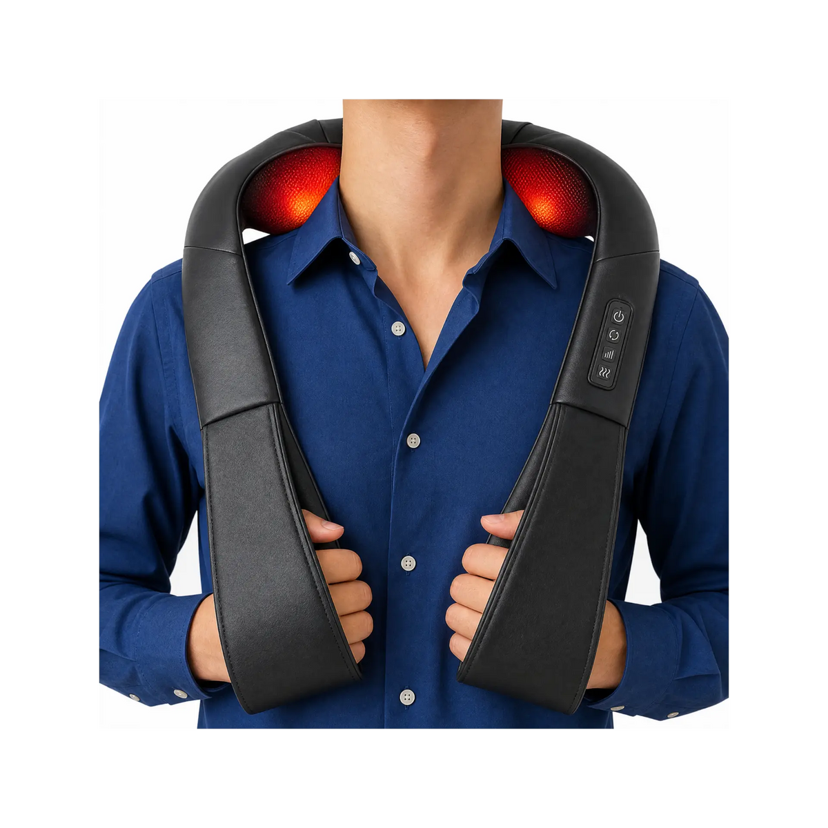 Comfortley black electric neck massager shown in a home setting
