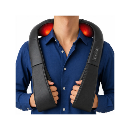 Comfortley black electric neck massager shown in a home setting