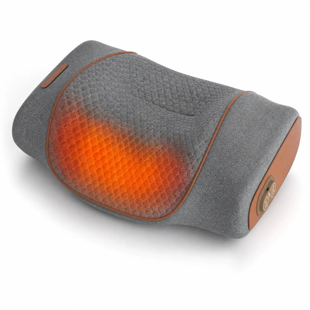 Comfortley dark grey heated neck massager pillow shown from the top with contoured support