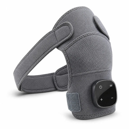 Comfortley gray shoulder massager with heat and vibration shown from the front with adjustable straps and control module