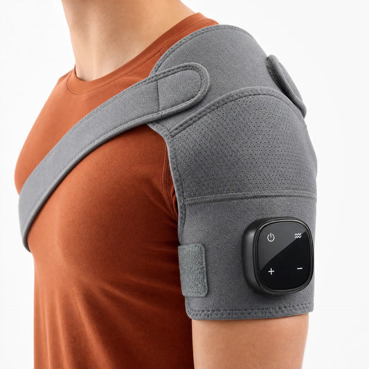 Comfortley gray shoulder massager with heat and vibration worn in a home setting