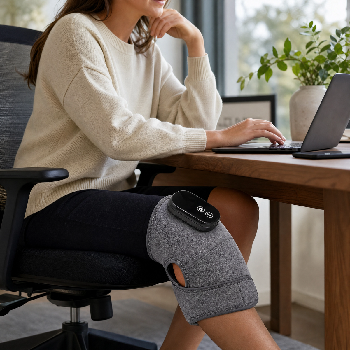 Comfortley heated knee pad lifestyle image at a desk