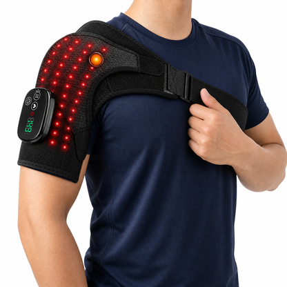 Comfortley heated shoulder warmer worn with a navy shirt for a neck and shoulder routine