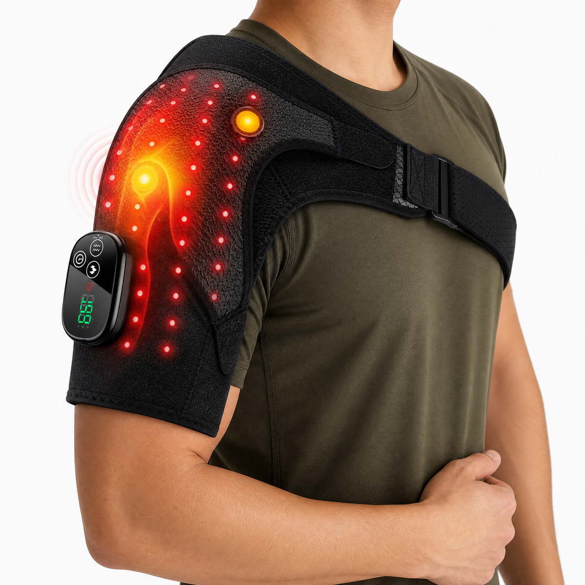 Comfortley heated shoulder warmer worn with an olive shirt in a lifestyle view