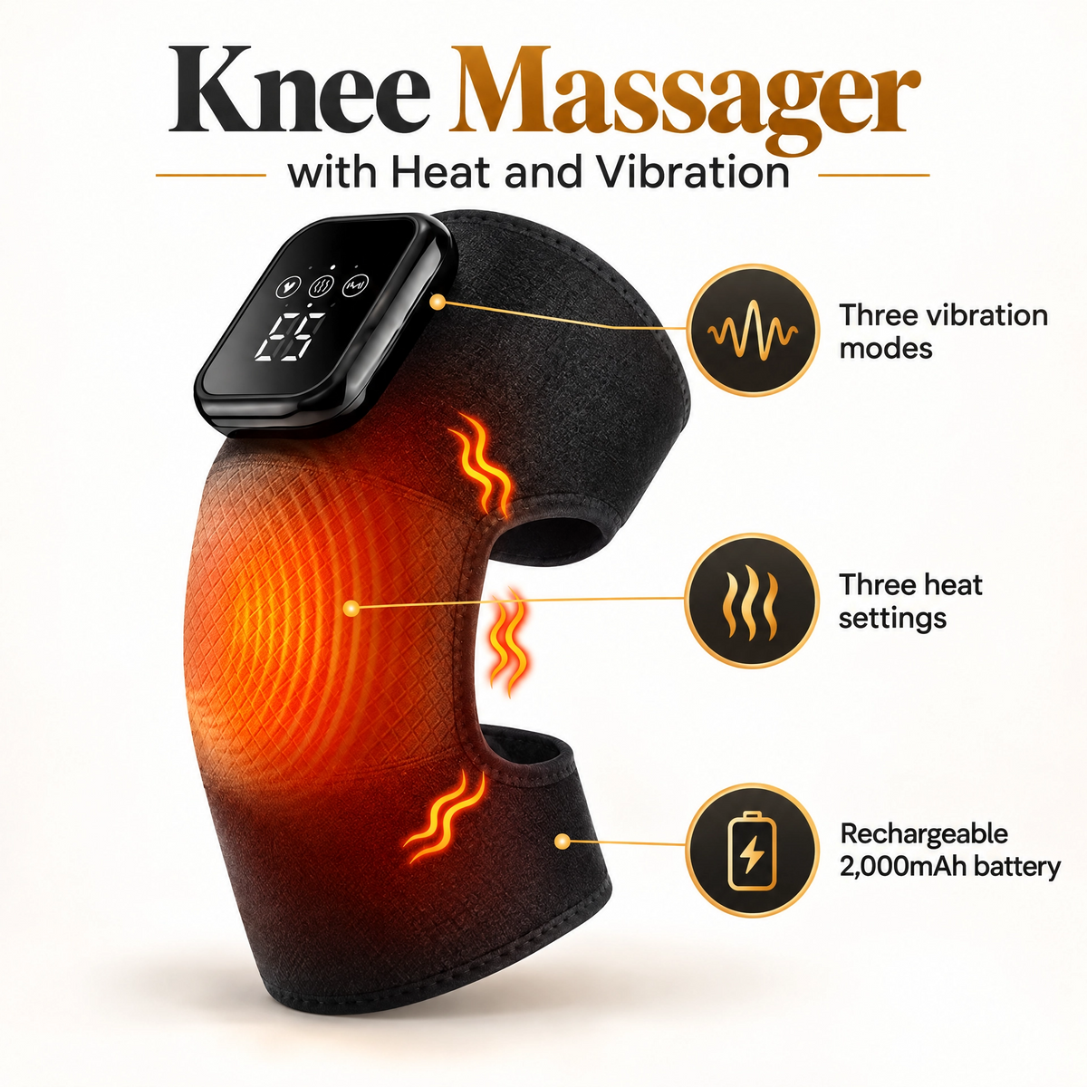 Comfortley black knee massager with heat and vibration feature graphic